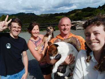 Cinco pessoas sorridentes e dois cães posam para uma foto alegre ao ar livre em um dia ensolarado, cercados por vegetação e colinas, irradiando alegria e união.