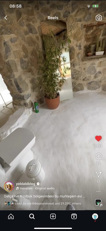 Esta imagem mostra um banheiro rústico com paredes de pedra, um vaso sanitário branco, uma lixeira, um vaso de bambu, um espelho e uma prateleira com vasos de plantas.