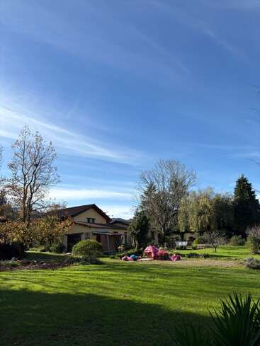 A peaceful house sits amid a lush green garden, surrounded by trees under a clear blue sky. Pink objects are scattered near the center, adding color.
