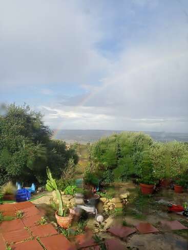 Um jardim com vasos de plantas e azulejos espalhados é visto através de uma janela molhada pela chuva. Um arco-íris tênue se estende pelo céu nublado e iluminado pelo sol.