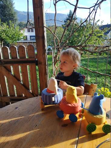 A imagem mostra uma criança sentada em uma mesa de madeira com três brinquedos de pelúcia sobre ela, tendo como pano de fundo uma casa e árvores.