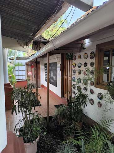 A cozy corridor with potted plants, tiled floor, and white walls adorned with colorful plates. A chalkboard menu and a small “Hola” sign complete the welcoming scene.
