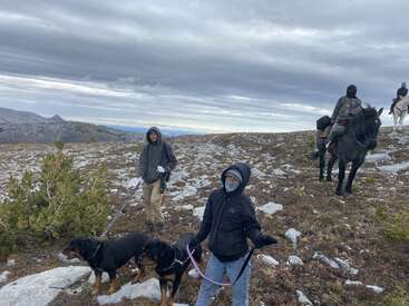 Vier Menschen in Jacken und Kapuzen durchqueren mit zwei Hunden und zwei Pferden eine felsige, windgepeitschte Berglandschaft unter einem dramatischen, bewölkten Himmel.