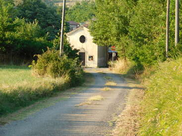 Uma estrada rural estreita e sinuosa leva a um pequeno edifício rústico cercado por uma vegetação exuberante e grama alta, banhado pela luz quente e dourada do sol.