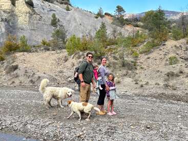 A family of four, including two children, and two dogs stand together outdoors on rocky terrain, surrounded by hills, trees, and a bright, sunny sky.