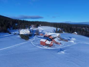 A picturesque rural farm sits blanketed in snow, with red and white buildings surrounded by snowy fields, under a clear blue sky, near a dense forest.