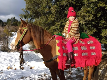 Ein lächelndes Kind mit rotem Hut, Schal und Stiefeln sitzt auf einem braunen Pferd, das mit einer leuchtend roten Decke bedeckt ist, umgeben von Schnee und Grünzeug.

