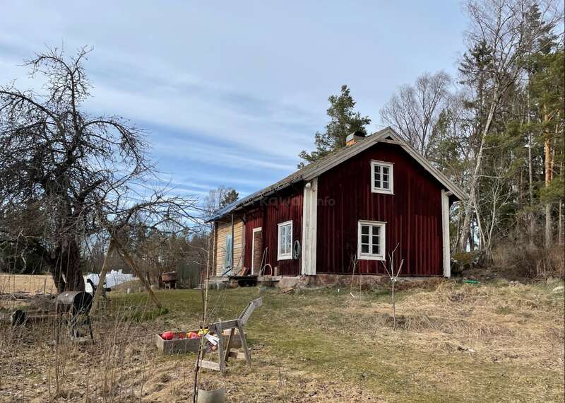 Une petite maison en bois rouge se dresse dans un jardin herbeux et un peu envahi par la végétation, entourée d'arbres dépouillés et d'une forêt. Des jouets d'enfants et un banc se trouvent au premier plan.