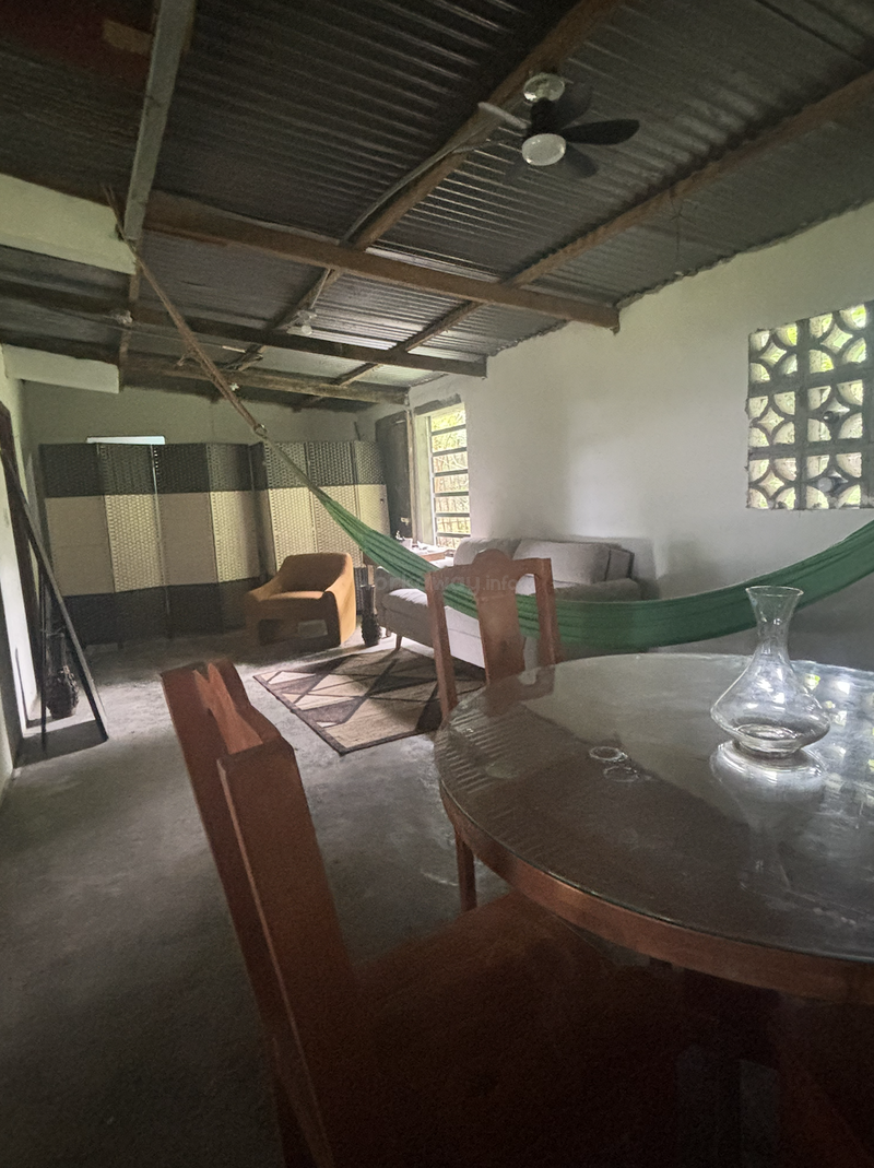 Un acogedor salón rústico con techo de chapa, una hamaca verde, una mesa redonda con tapa de cristal, sillas marrones, un sofá, una ventana de ventilación de ladrillo y luz natural que se cuela en el interior.