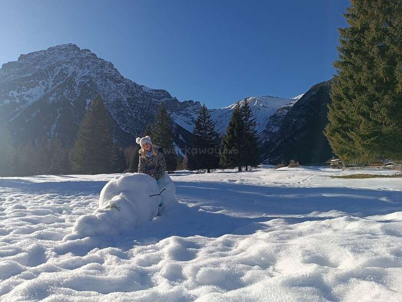Un enfant coiffé d'un bonnet douillet est assis, heureux, à côté d'un grand bonhomme de neige tombé sur un champ de neige ensoleillé, entouré de montagnes majestueuses et d'arbres à feuilles persistantes.