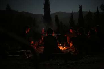 Eine Gruppe von Menschen sitzt nachts um ein glühendes Lagerfeuer, umgeben von den Silhouetten der Bäume, und teilt Wärme und Gespräche unter dem offenen dunklen Himmel.