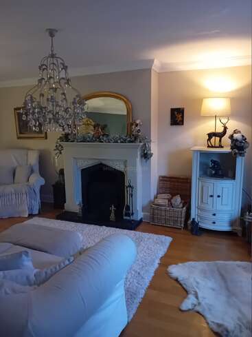 Uma sala de estar aconchegante e elegante com lustre, lareira, espelho, poltronas macias, tapete branco, abajur, decoração com animais e iluminação ambiente quente criam uma atmosfera acolhedora.