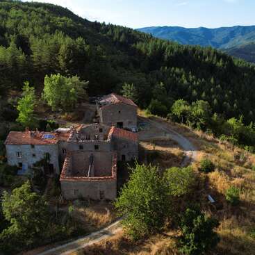 La imagen representa un paisaje sereno con una gran casa de tejado prominente, rodeada de árboles y una masa de agua, que evoca una sensación de tranquilidad y belleza natural.