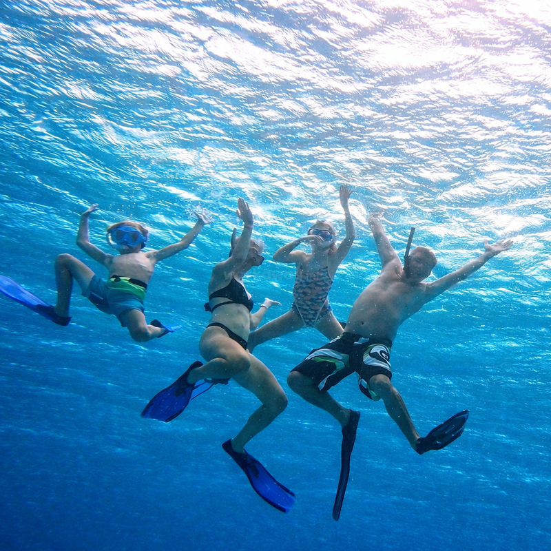 Four people joyfully snorkeling underwater, wearing masks, fins, and colorful swimwear, framed by bright, shimmering sunlight above in a tropical blue ocean. Family adventure fun!