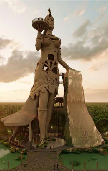 Una colosal estatua de mujer se yergue majestuosa, sosteniendo un cuenco con gente, de cuya mano cae agua en cascada a un estanque, rodeado de exuberante vegetación.