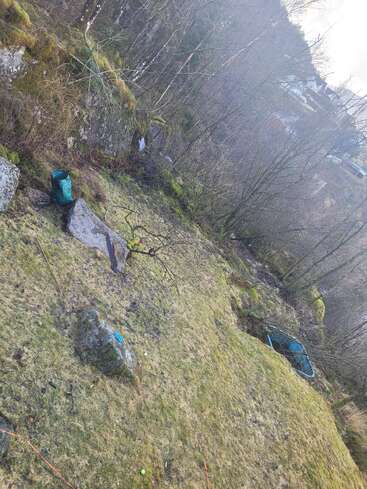 Esta imagen muestra una zona inclinada cubierta de hierba con rocas, árboles sin hojas, una bolsa verde y una pequeña cama elástica azul cerca del borde, junto a una zona boscosa.