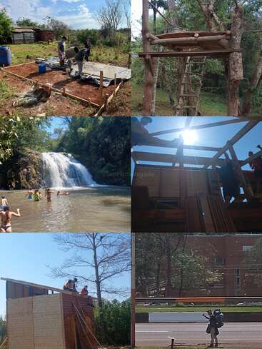 Le collage montre des projets de construction, la nature et l'aventure : des personnes construisant des structures, une cabane en bois, une baignade dans une cascade, des travaux sur les toits et une personne faisant de l'auto-stop.