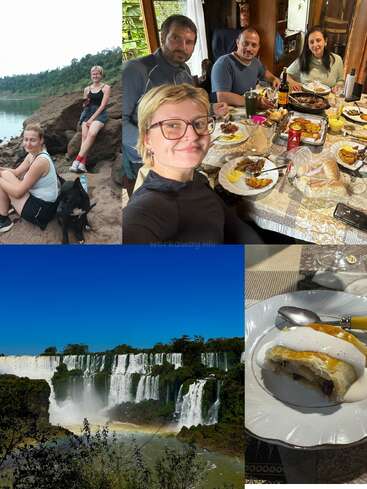 Un groupe profite de la nature au bord d'une rivière avec un chien, partage un repas copieux, visite des chutes d'eau impressionnantes et savoure un délicieux dessert à la crème.