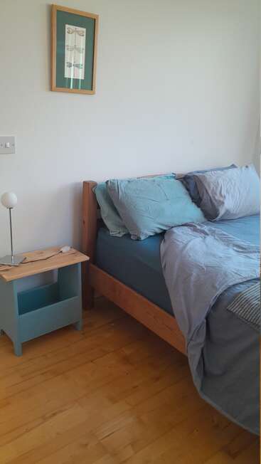 Cette image montre un lit soigneusement fait avec des draps bleu-gris, un cadre de lit en bois, une petite lampe sur une table de chevet et une œuvre d'art représentant une libellule encadrée accrochée au mur.