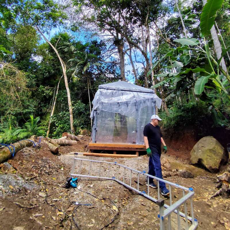 L'image représente un homme debout devant une petite structure transparente dans une zone boisée, entourée d'arbres et de feuillages.