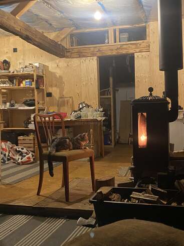 A cozy wooden cabin interior with a cat sitting on a chair, gazing at a wood stove. Shelves, firewood, and soft lighting create a warm atmosphere.