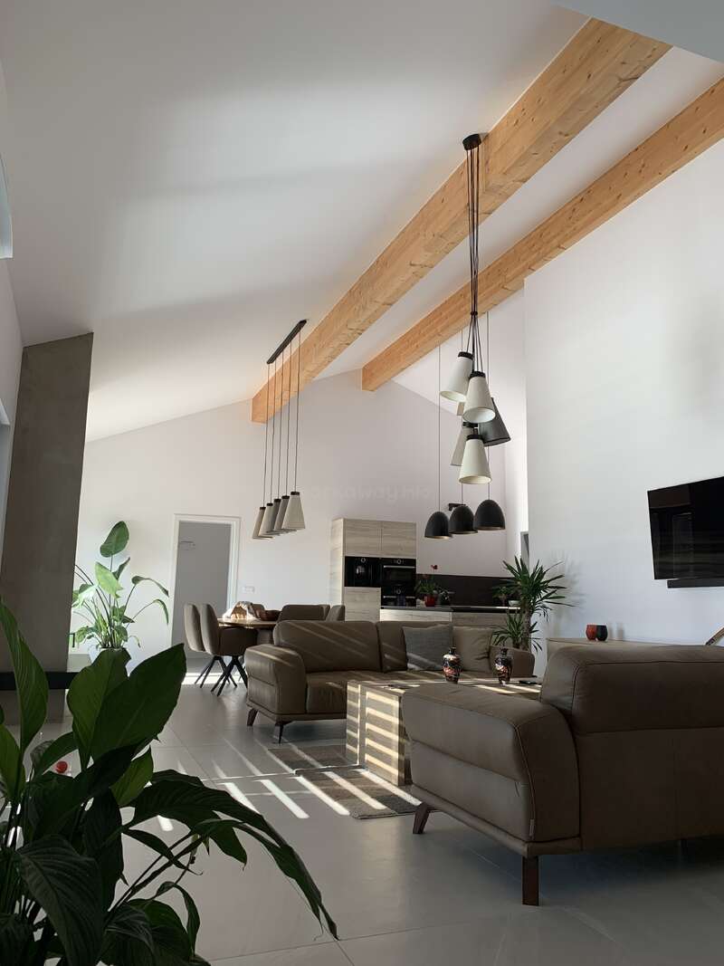Das Bild zeigt ein modernes Wohnzimmer mit einer braunen Ledercouch, Hängelampen und einer Küche im Hintergrund, mit weißen Wänden und einer großen Pflanze im Vordergrund.