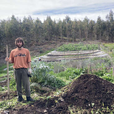 A man stands with a pitchfork in a lush, green garden, surrounded by plants, soil, and trees, with vegetable beds and forested hills in the background.