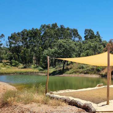 Un étang paisible entouré d'arbres verdoyants sous un ciel bleu limpide. Au premier plan, on aperçoit une zone sablonneuse recouverte d'une bâche jaune.