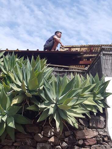 Un homme est accroupi sur un toit en tôle ondulée, travaillant avec des outils. Sous ses pieds, de grands agaves verts poussent au-dessus d'un mur de pierre, sous un ciel partiellement nuageux.