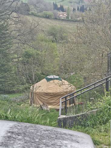 Eine hellbraune Jurte steht auf einer üppigen, grünen Wiese, umgeben von Bäumen. Unter einem wolkenverhangenen Himmel sind die Hügel und ein entferntes Bauernhaus zu sehen. Eine friedliche Szene.