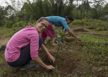 Zwei Frauen arbeiten draußen im Garten, umgeben von grünen Pflanzen und Bäumen. Eine Frau lächelt in die Kamera und pflanzt eine kleine Pflanze, während die andere Unkraut jätet.