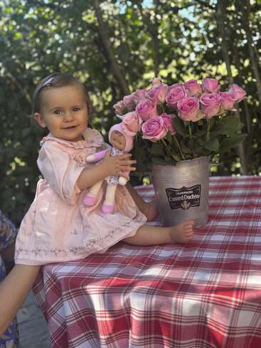 Uma menina sorridente em um vestido rosa senta-se em uma toalha de mesa xadrez, segurando uma boneca ao lado de um balde de metal com rosas cor-de-rosa ao ar livre.