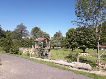 Una casita de madera se alza en un parque soleado y verde rodeado de árboles, troncos y césped. El cielo azul despejado y el apacible paisaje rural crean una atmósfera tranquila.