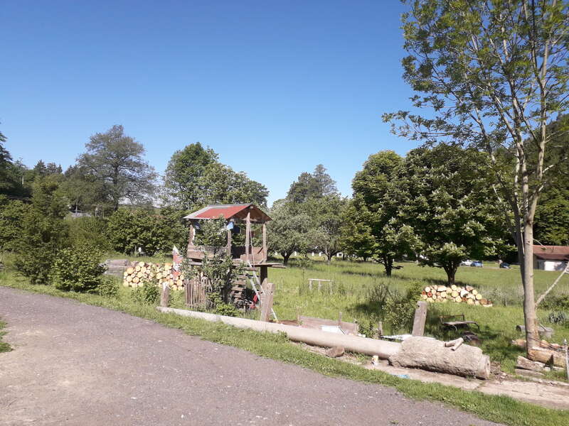 Une maison de jeu en bois se dresse dans un parc verdoyant et ensoleillé, entouré d'arbres, de rondins et d'herbe. Le ciel bleu clair et le paysage rural paisible créent une atmosphère tranquille.