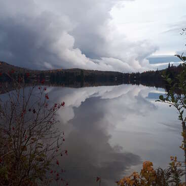 Un lac tranquille reflète des nuages dramatiques et des arbres d'automne. Des baies rouges et des feuilles jaunes encadrent le premier plan, rehaussant la sérénité et la beauté de ce paysage naturel.