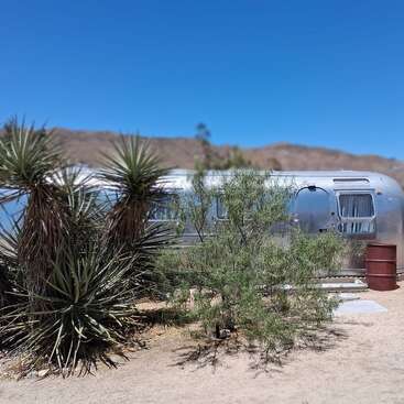 Una caravana plateada se encuentra en un paisaje desértico, rodeada de yucas espinosas y arbustos, bajo un cielo azul claro y con colinas marrones en la lejanía.