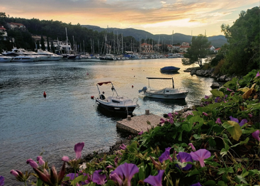Un puerto tranquilo al atardecer con pequeñas embarcaciones flotando, flores de colores en primer plano, aguas en calma, yates amarrados y colinas lejanas bajo un cielo resplandeciente.