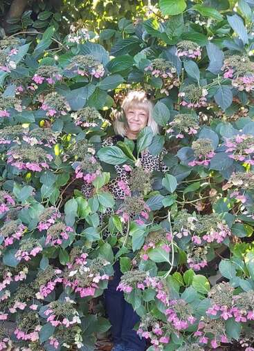 A woman with blonde hair stands amidst lush green leaves and vibrant pink flowers, partially hidden, smiling warmly as sunlight filters through the foliage around her.