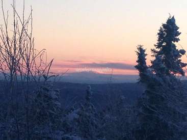 Das Bild zeigt eine ruhige Winterlandschaft mit schneebedeckten Bäumen und Sträuchern vor einem atemberaubenden Sonnenuntergangshimmel. Der Himmel wechselt von Rosa zu Blau.
