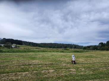 Un niño pequeño con un sombrero blanco está solo en un vasto campo abierto y cubierto de hierba bajo un cielo nublado, con colinas onduladas y árboles en la distancia.