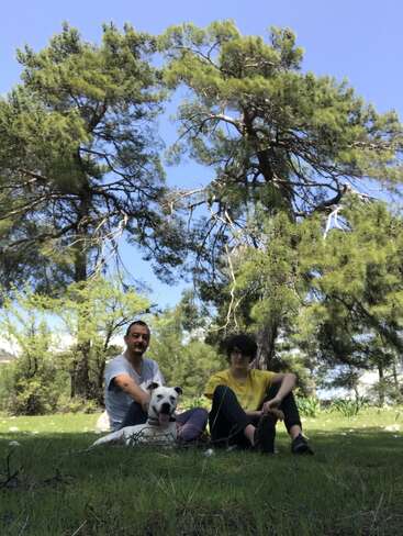 Dos personas y un perro blanco están sentados sobre la hierba bajo altos pinos. La escena es tranquila, con la luz del sol filtrándose entre la vegetación y un cielo despejado.