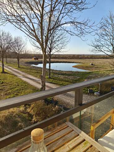 Ein sonniger Blick vom Balkon zeigt einen ruhigen Teich, einen von kahlen Bäumen gesäumten Weg, grasbewachsene Wiesen und einen Holztisch mit einer Glasflasche.