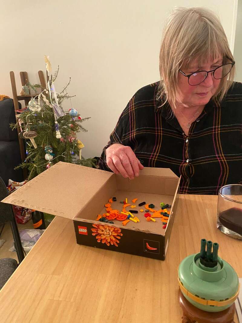 A woman with glasses sits at a table, sorting colorful LEGO pieces in a box. A small decorated Christmas tree and festive atmosphere are visible nearby.