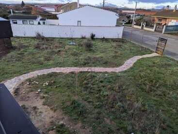 Ein leicht zugewachsener Hof mit einem gewundenen Steinweg, lückenhaftem Gras, verstreuten kleinen Pflanzen und einer weißen Backsteinmauer grenzt an eine ruhige Vorstadtstraße.