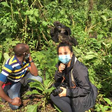 A imagem mostra um homem e uma mulher agachados em uma floresta exuberante, com um gorila em pé atrás deles, todos usando máscaras faciais.