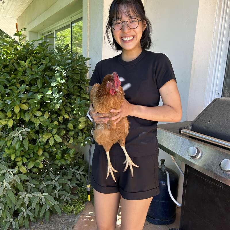 Uma jovem de cabelos escuros e óculos está do lado de fora, segurando um grande frango marrom, vestindo camiseta e shorts pretos, em frente a uma casa e uma churrasqueira.