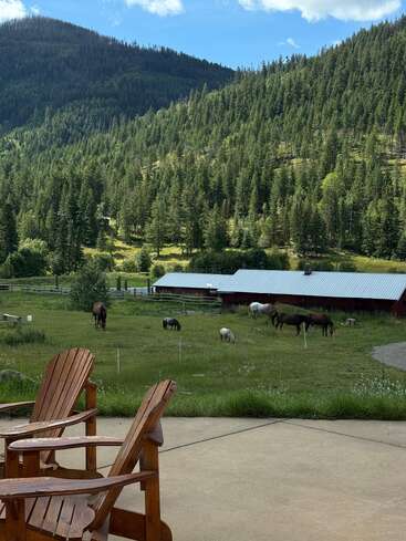 Dos sillas de madera dan a un apacible prado con caballos pastando, hierba verde, un granero rojo y colinas boscosas bajo un cielo azul parcialmente nublado.