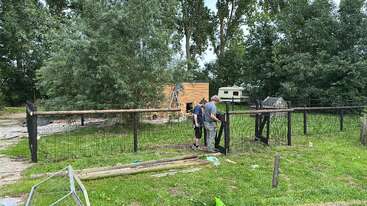 Deux personnes travaillent ensemble sur une clôture métallique dans un jardin verdoyant. Des arbres, un abri en bois et une caravane blanche sont visibles à l'arrière-plan.