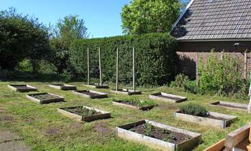 Cette image montre un jardin avec plusieurs plates-bandes rectangulaires surélevées, chacune contenant diverses plantes, disposées de manière ordonnée sur une pelouse à côté d'une maison en briques et d'une haie verte.