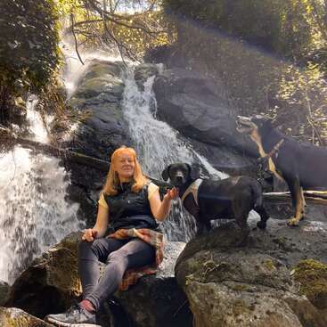 Una mujer está sentada sobre unas rocas junto a una cascada, acompañada de dos perros. La luz del sol se filtra entre los árboles, creando una escena serena y llena de naturaleza que transmite relajación y compañerismo.